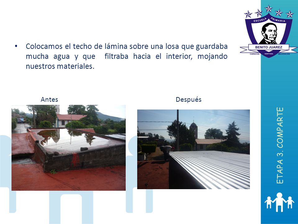 Colocamos el techo de lámina sobre una losa que guardaba mucha agua y que filtraba hacia el interior, mojando nuestros materiales.