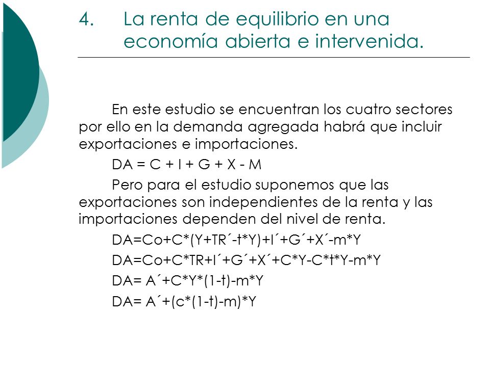 La renta de equilibrio en una economía abierta e intervenida.