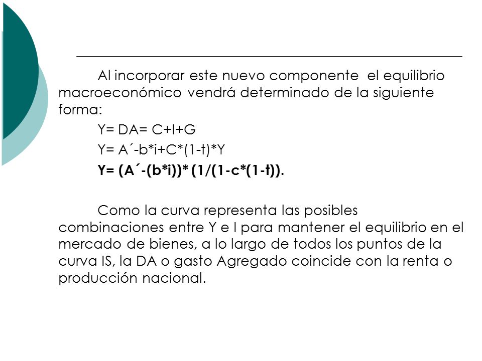 Al incorporar este nuevo componente el equilibrio macroeconómico vendrá determinado de la siguiente forma: