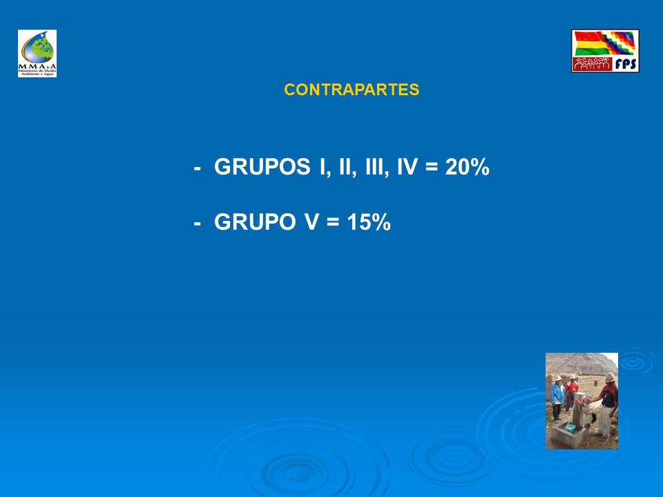 CONTRAPARTES - GRUPOS I, II, III, IV = 20% - GRUPO V = 15%