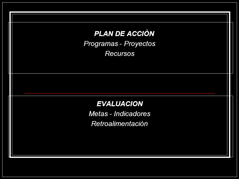 PLAN DE ACCIÒN Programas - Proyectos Recursos EVALUACION Metas - Indicadores Retroalimentaciòn