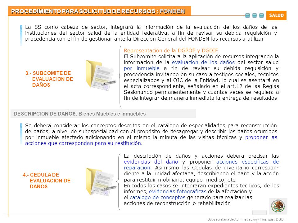 La SS como cabeza de sector, integrará la información de la evaluación de los daños de las instituciones del sector salud de la entidad federativa, a fin de revisar su debida requisición y procedencia con el fin de gestionar ante la Dirección General del FONDEN los recursos a utilizar
