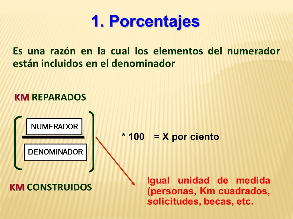 1. Porcentajes Es una razón en la cual los elementos del numerador están incluidos en el denominador.