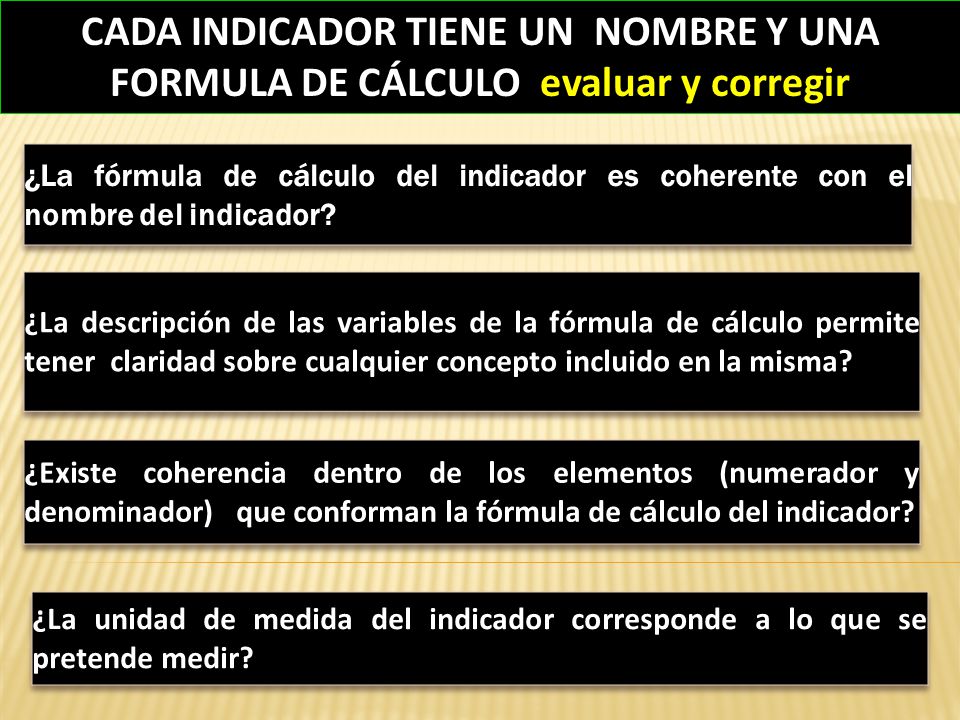 CADA INDICADOR TIENE UN NOMBRE Y UNA FORMULA DE CÁLCULO evaluar y corregir