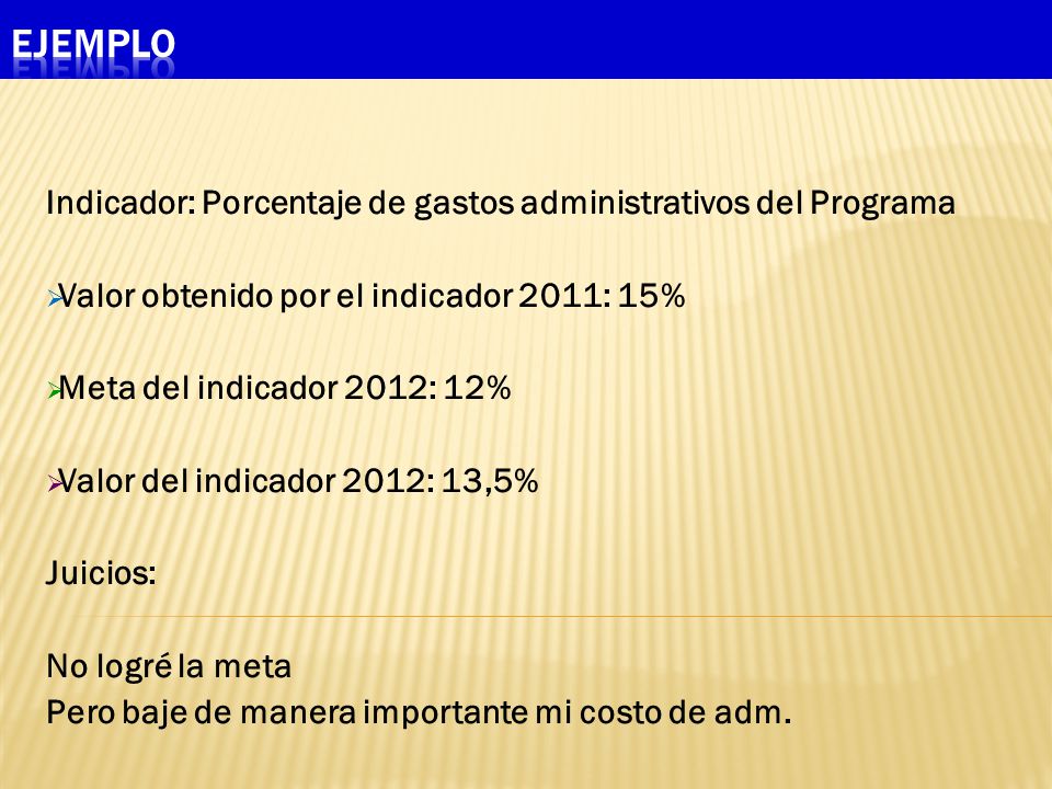 Ejemplo Indicador: Porcentaje de gastos administrativos del Programa