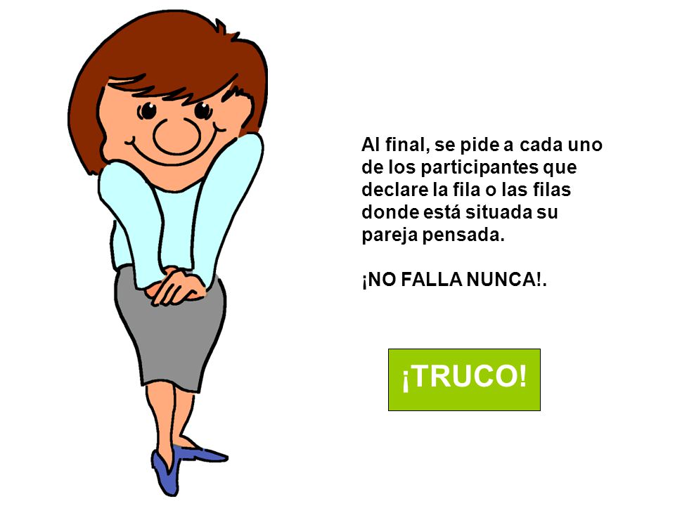 Al final, se pide a cada uno de los participantes que declare la fila o las filas donde está situada su pareja pensada.