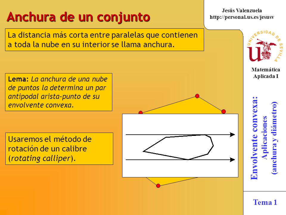 Anchura de un conjunto La distancia más corta entre paralelas que contienen a toda la nube en su interior se llama anchura.