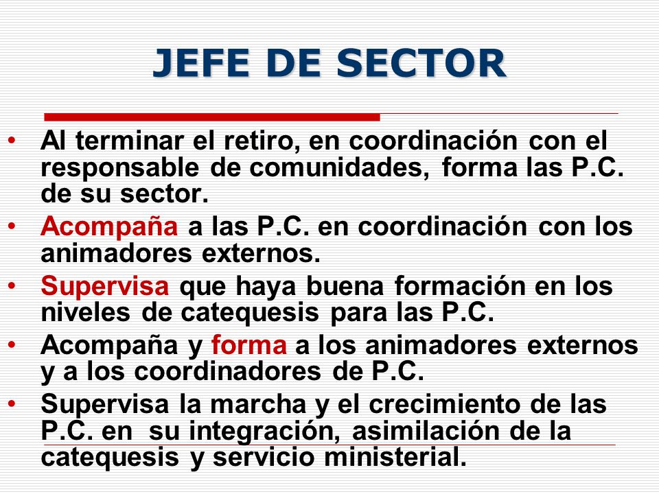 JEFE DE SECTOR Al terminar el retiro, en coordinación con el responsable de comunidades, forma las P.C. de su sector.