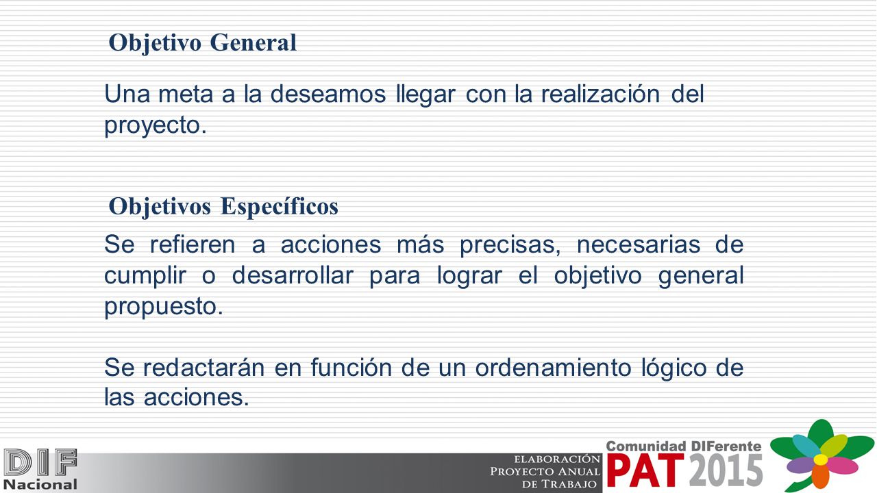 Objetivo General Una meta a la deseamos llegar con la realización del proyecto. Objetivos Específicos.