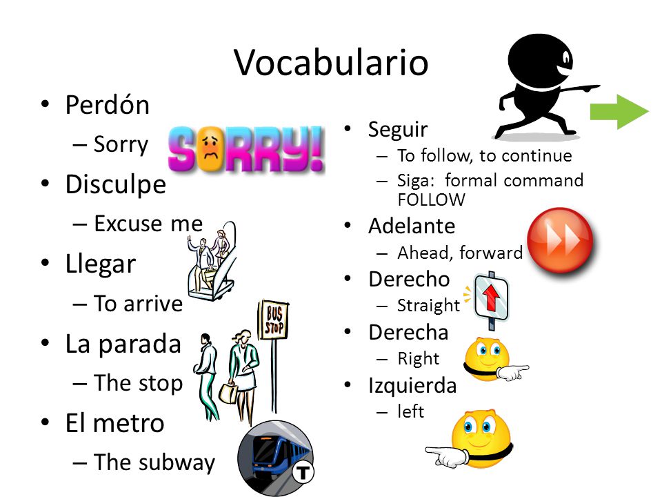 Vocabulario Perdón Disculpe Llegar La parada El metro Sorry Excuse me