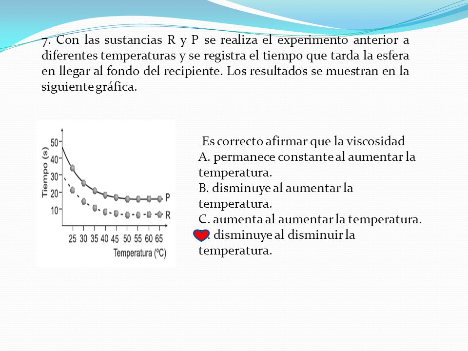 7. Con las sustancias R y P se realiza el experimento anterior a diferentes temperaturas y se registra el tiempo que tarda la esfera en llegar al fondo del recipiente. Los resultados se muestran en la siguiente gráfica.
