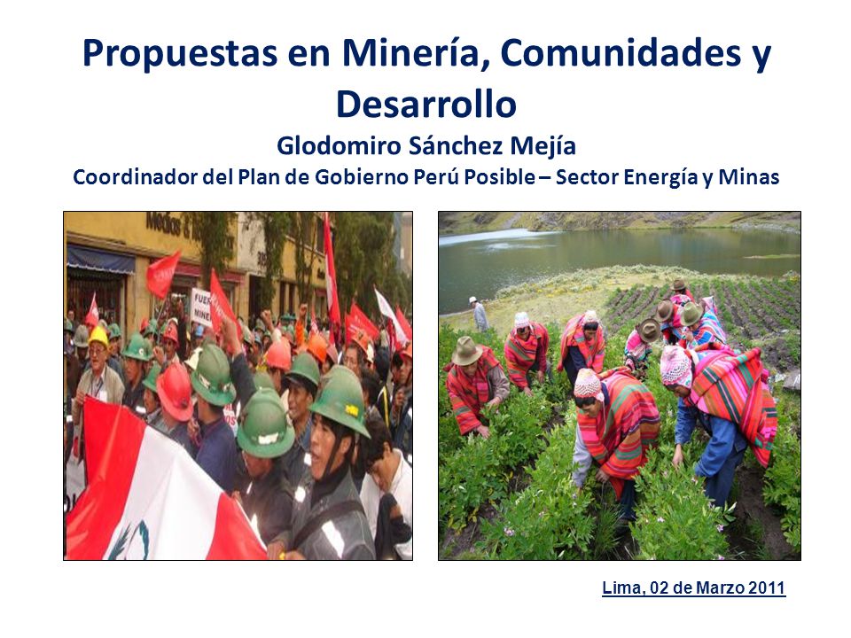 Propuestas en Minería, Comunidades y Desarrollo Glodomiro Sánchez Mejía Coordinador del Plan de Gobierno Perú Posible – Sector Energía y Minas