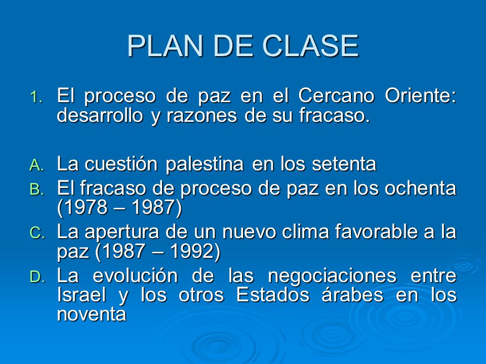PLAN DE CLASE El proceso de paz en el Cercano Oriente: desarrollo y razones de su fracaso. La cuestión palestina en los setenta.