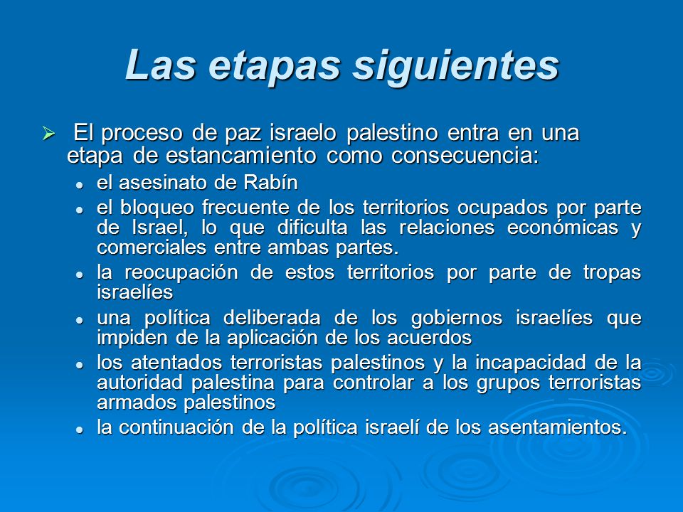 Las etapas siguientes El proceso de paz israelo palestino entra en una etapa de estancamiento como consecuencia: