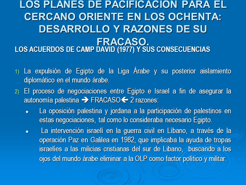 LOS PLANES DE PACIFICACIÓN PARA EL CERCANO ORIENTE EN LOS OCHENTA: DESARROLLO Y RAZONES DE SU FRACASO.