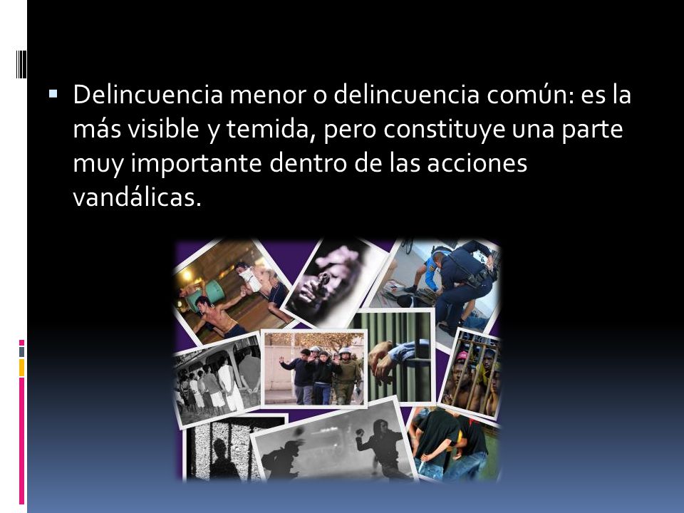 Delincuencia menor o delincuencia común: es la más visible y temida, pero constituye una parte muy importante dentro de las acciones vandálicas.