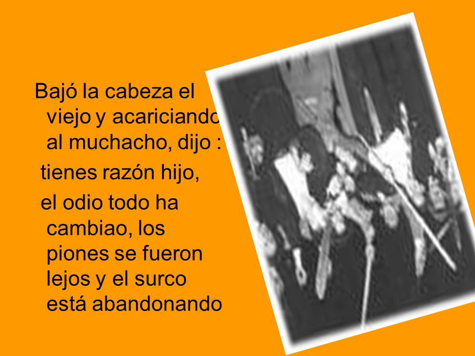 Bajó la cabeza el viejo y acariciando al muchacho, dijo :