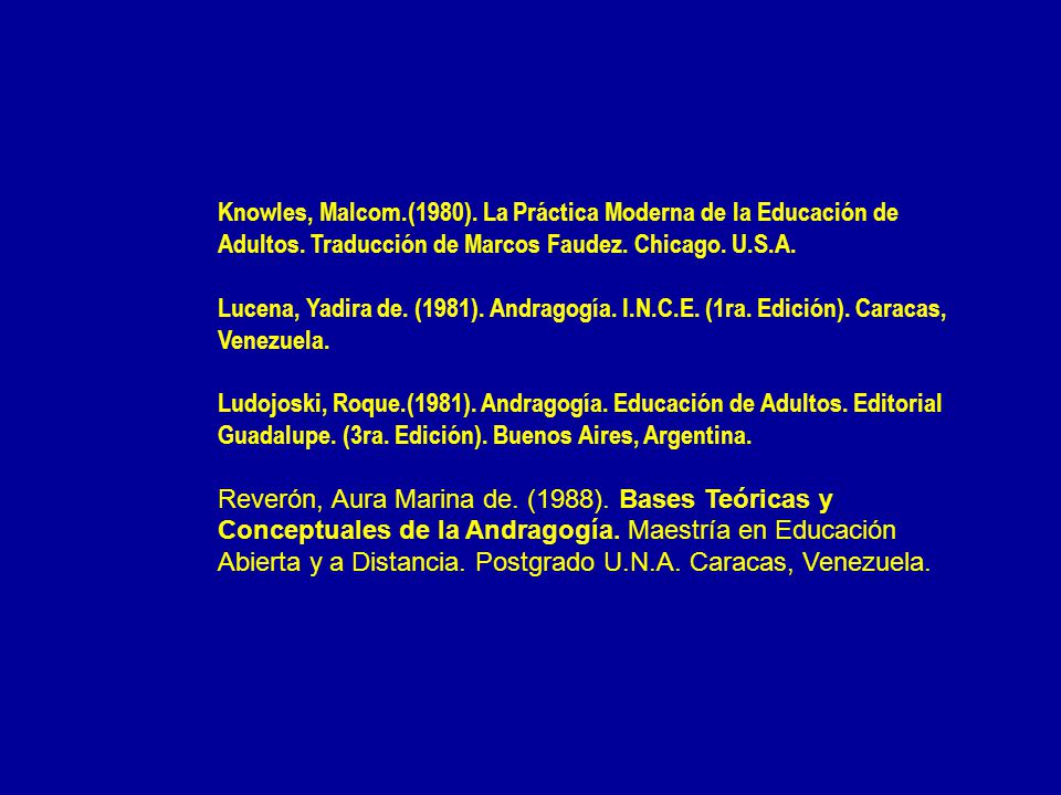 Knowles, Malcom.(1980). La Práctica Moderna de la Educación de Adultos. Traducción de Marcos Faudez. Chicago. U.S.A.