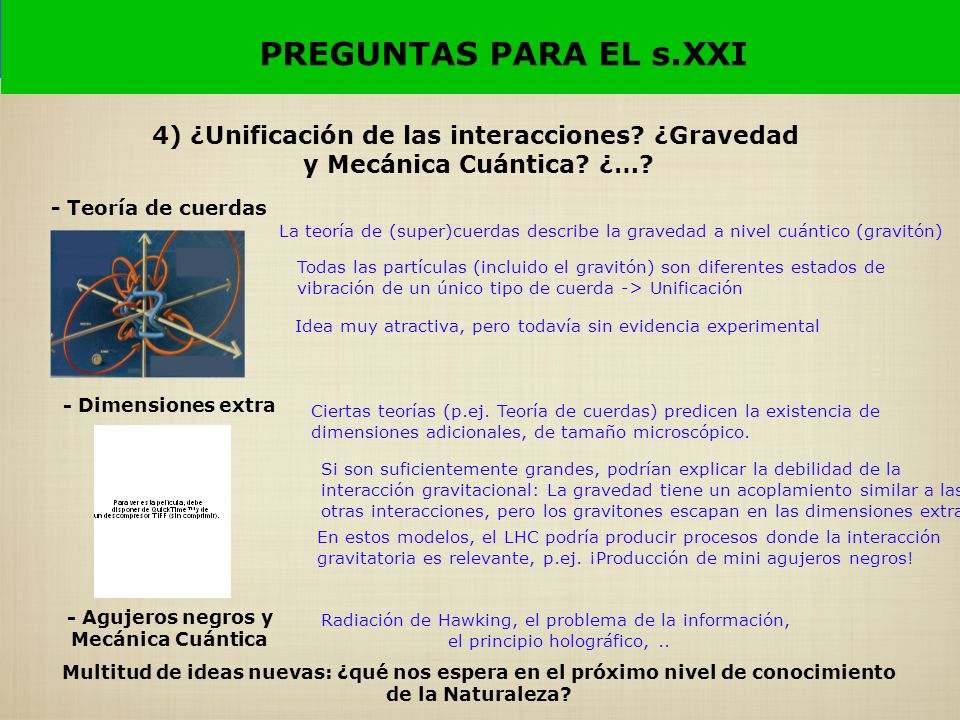 PREGUNTAS PARA EL s.XXI 4) ¿Unificación de las interacciones ¿Gravedad. y Mecánica Cuántica ¿… - Teoría de cuerdas.