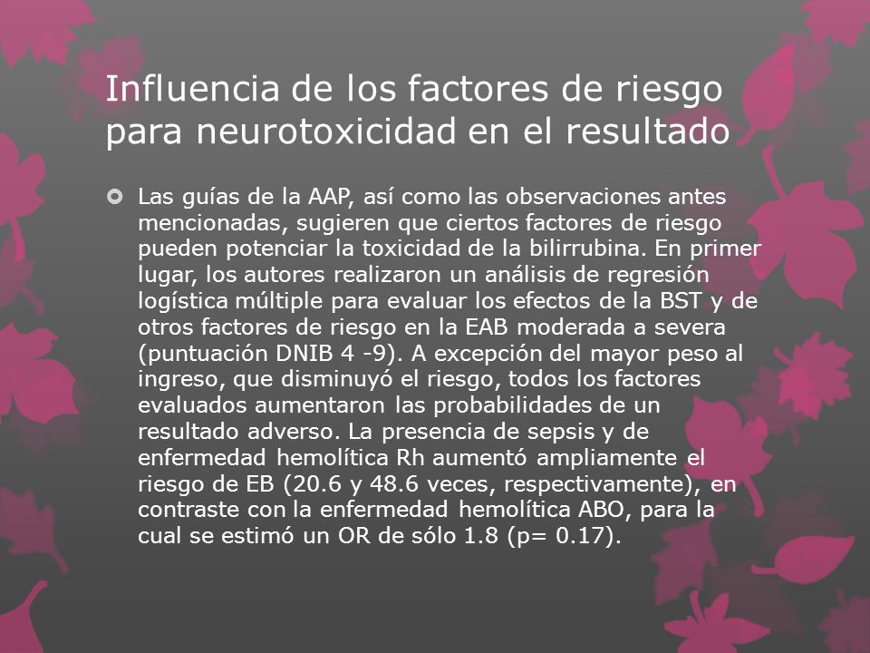 Influencia de los factores de riesgo para neurotoxicidad en el resultado