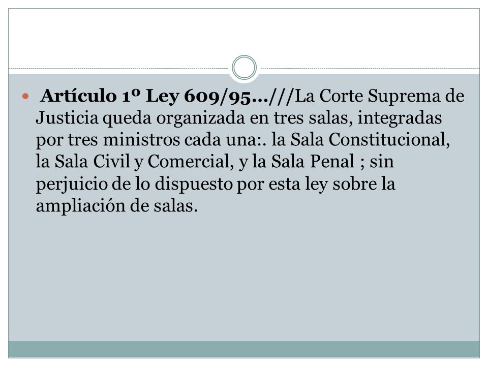 Artículo 1º Ley 609/95…///La Corte Suprema de Justicia queda organizada en tres salas, integradas por tres ministros cada una:.