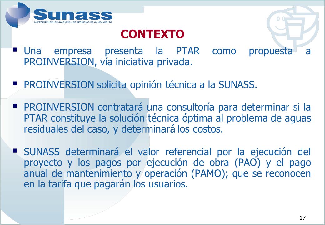 CONTEXTO Una empresa presenta la PTAR como propuesta a PROINVERSION, vía iniciativa privada. PROINVERSION solicita opinión técnica a la SUNASS.