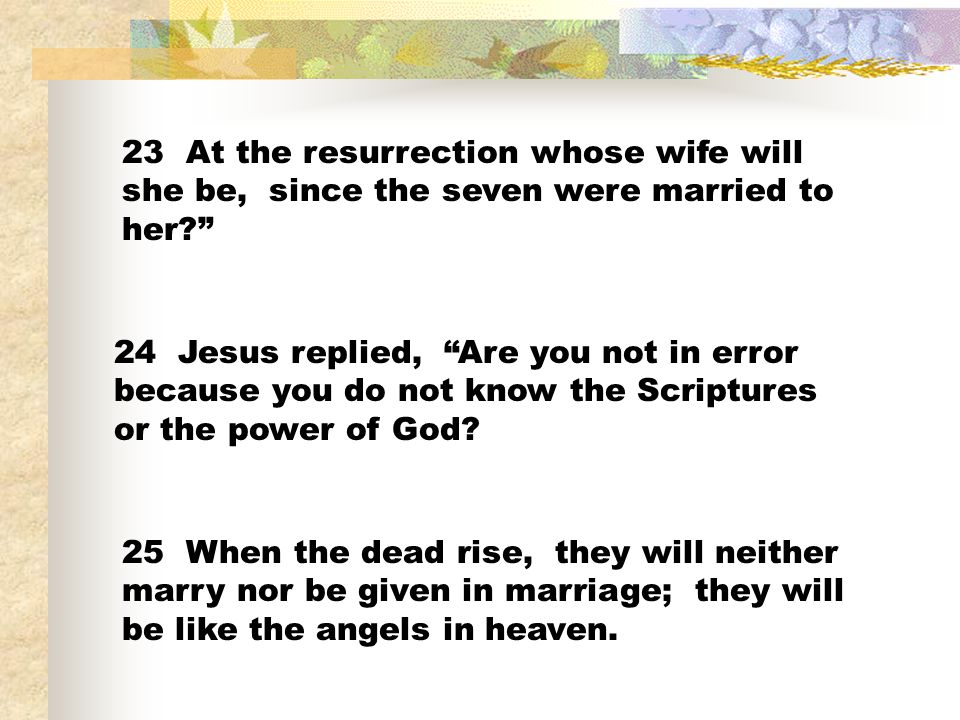23 At the resurrection whose wife will she be, since the seven were married to her
