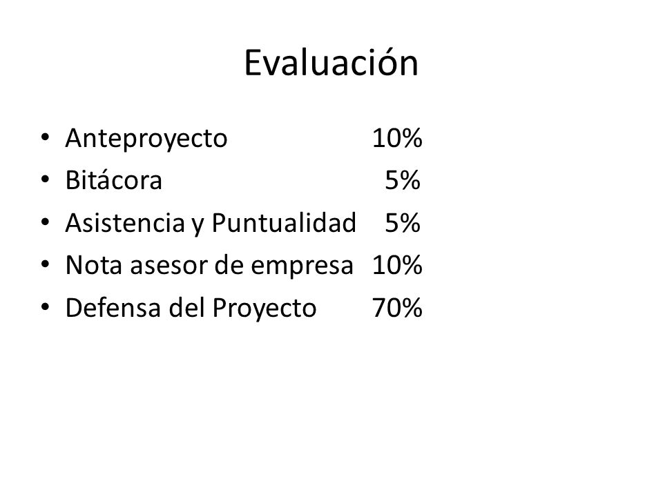 Evaluación Anteproyecto 10% Bitácora 5% Asistencia y Puntualidad 5%