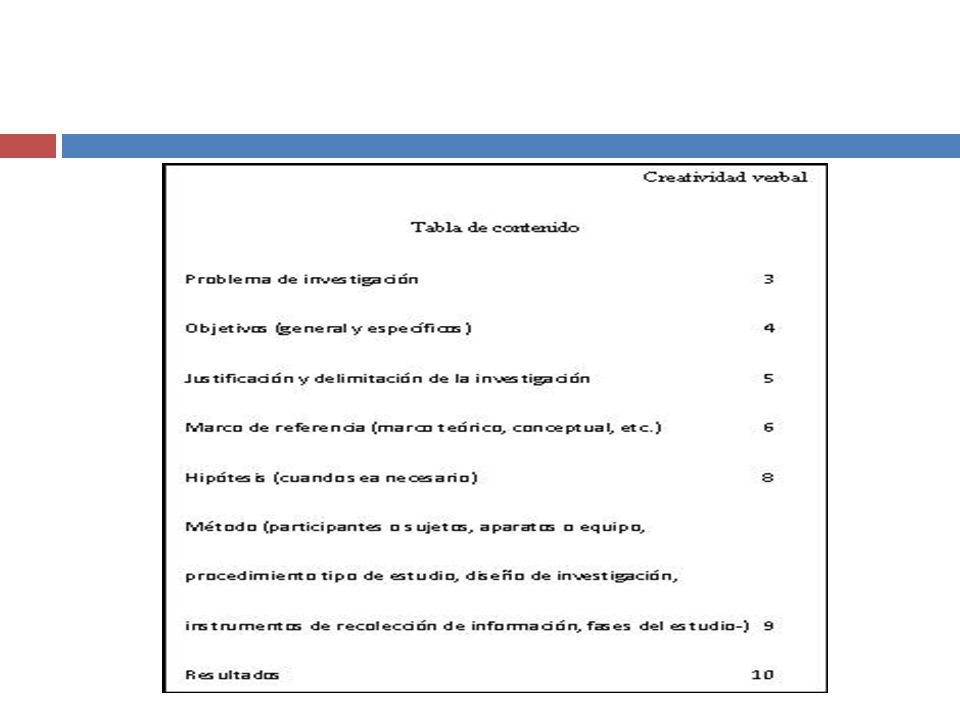 Esta es la tabla de contenido de la propuesta de investigación, continúa el desarrollo del contenido de los diferentes aspectos aquí presentados.