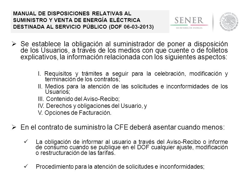 En el contrato de suministro la CFE deberá asentar cuando menos: