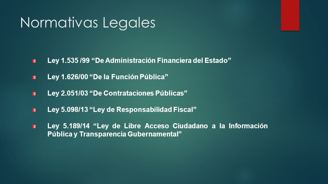 Normativas Legales Ley /99 De Administración Financiera del Estado Ley 1.626/00 De la Función Pública