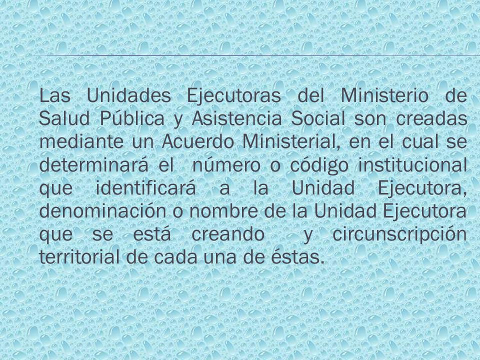 Las Unidades Ejecutoras del Ministerio de Salud Pública y Asistencia Social son creadas mediante un Acuerdo Ministerial, en el cual se determinará el número o código institucional que identificará a la Unidad Ejecutora, denominación o nombre de la Unidad Ejecutora que se está creando y circunscripción territorial de cada una de éstas.