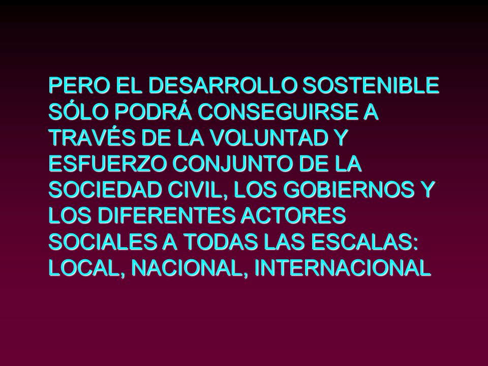 PERO EL DESARROLLO SOSTENIBLE SÓLO PODRÁ CONSEGUIRSE A TRAVÉS DE LA VOLUNTAD Y ESFUERZO CONJUNTO DE LA SOCIEDAD CIVIL, LOS GOBIERNOS Y LOS DIFERENTES ACTORES SOCIALES A TODAS LAS ESCALAS: LOCAL, NACIONAL, INTERNACIONAL