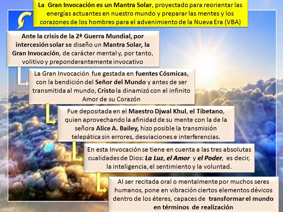 La Gran Invocación es un Mantra Solar, proyectado para reorientar las energías actuantes en nuestro mundo y preparar las mentes y los corazones de los hombres para el advenimiento de la Nueva Era (VBA)