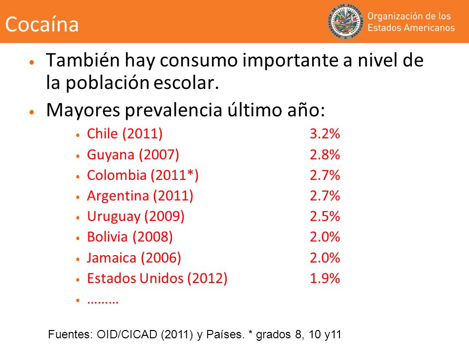 Cocaína También hay consumo importante a nivel de la población escolar. Mayores prevalencia último año: