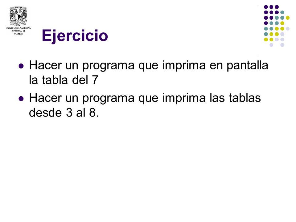 Ejercicio Hacer un programa que imprima en pantalla la tabla del 7