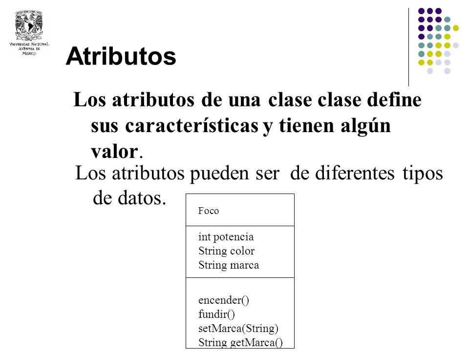 Atributos Los atributos de una clase clase define sus características y tienen algún valor. Los atributos pueden ser de diferentes tipos de datos.