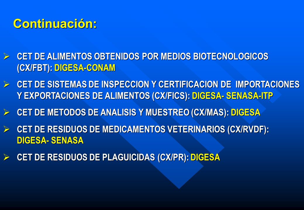 Continuación: CET DE ALIMENTOS OBTENIDOS POR MEDIOS BIOTECNOLOGICOS (CX/FBT): DIGESA-CONAM.