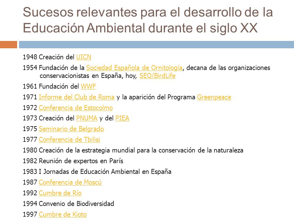 Sucesos relevantes para el desarrollo de la Educación Ambiental durante el siglo XX