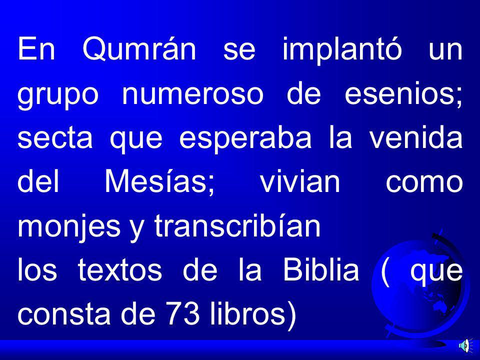 En Qumrán se implantó un grupo numeroso de esenios; secta que esperaba la venida del Mesías; vivian como monjes y transcribían