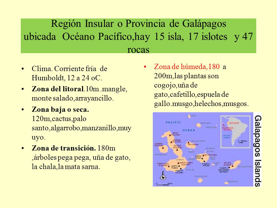 Región Insular o Provincia de Galápagos ubicada Océano Pacífico,hay 15 isla, 17 islotes y 47 rocas