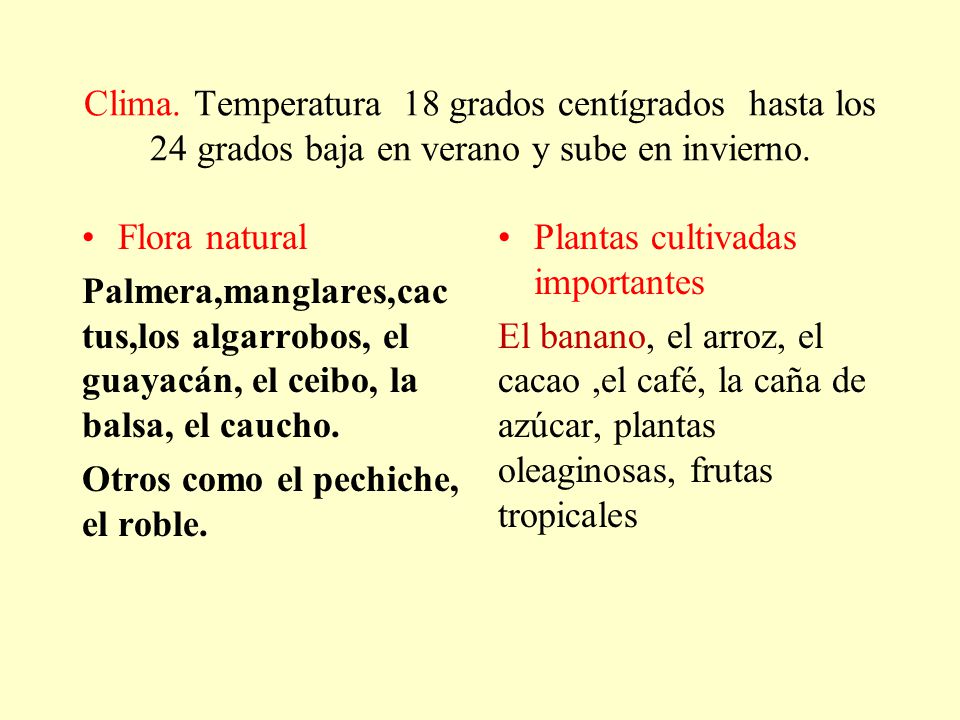 Clima. Temperatura 18 grados centígrados hasta los 24 grados baja en verano y sube en invierno.