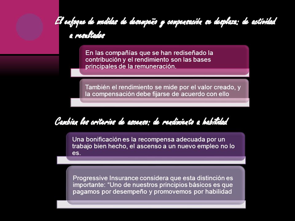 El enfoque de medidas de desempeño y compensación se desplaza: de actividad a resultados Cambian los criterios de ascenso: de rendimiento a habilidad