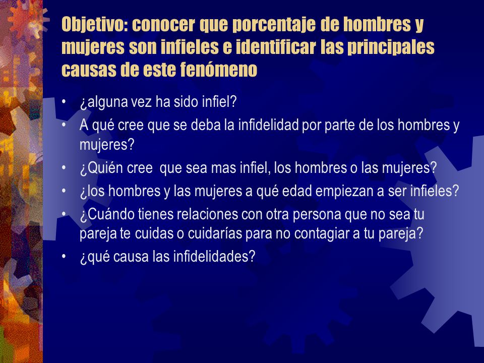 Objetivo: conocer que porcentaje de hombres y mujeres son infieles e identificar las principales causas de este fenómeno