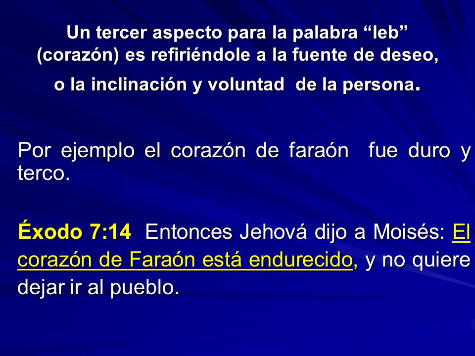 Un tercer aspecto para la palabra leb (corazón) es refiriéndole a la fuente de deseo, o la inclinación y voluntad de la persona.