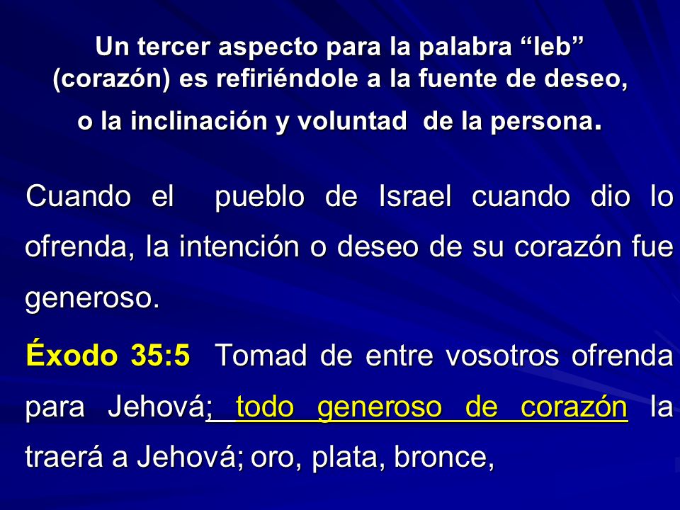 Un tercer aspecto para la palabra leb (corazón) es refiriéndole a la fuente de deseo, o la inclinación y voluntad de la persona.