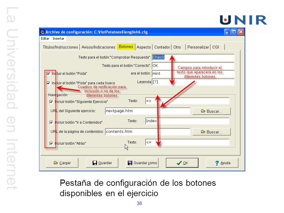 Pestaña de configuración de los botones disponibles en el ejercicio