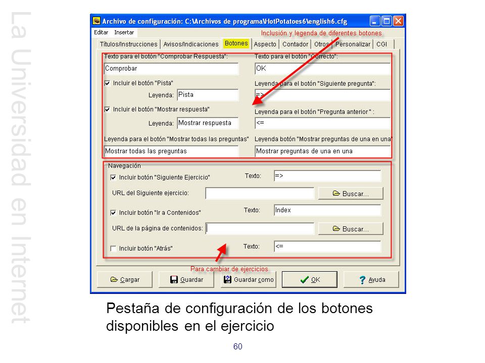 Pestaña de configuración de los botones disponibles en el ejercicio