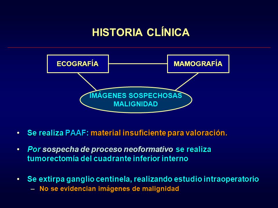 HISTORIA CLÍNICA ECOGRAFÍA. MAMOGRAFÍA. IMÁGENES SOSPECHOSAS. MALIGNIDAD. Se realiza PAAF: material insuficiente para valoración.