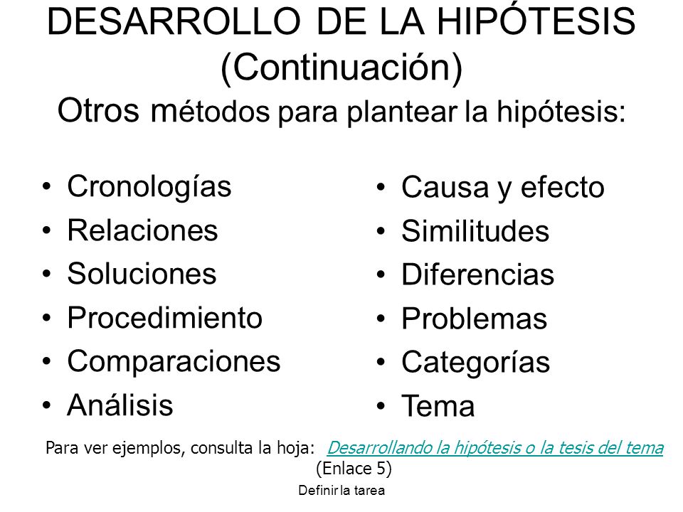 DESARROLLO DE LA HIPÓTESIS (Continuación) Otros métodos para plantear la hipótesis: